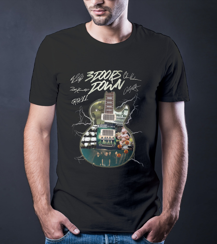 3 Doors Down Guitar Lightning Collage With Band Signatures T-Shirt