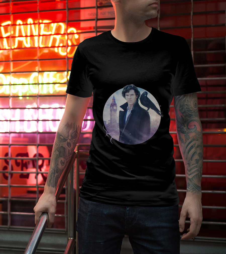 S.H Art Detective Silhouette With Crow And Clock Tower T-Shirt