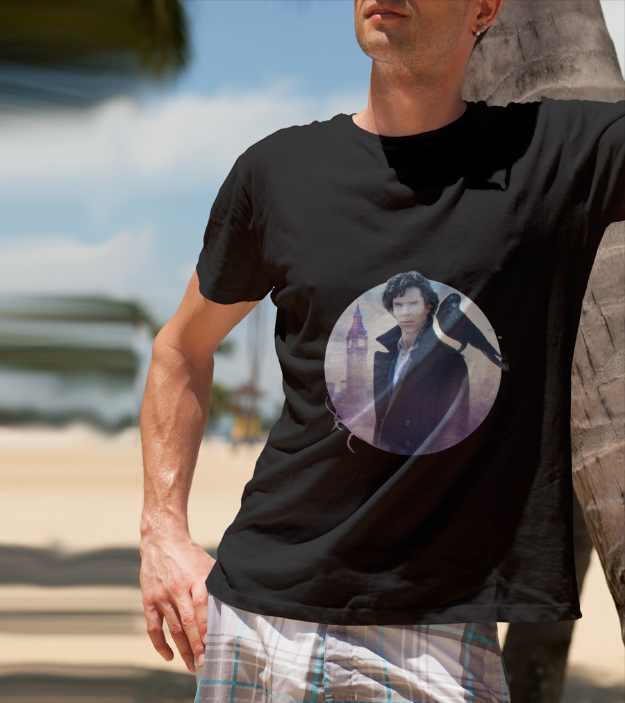S.H Art Detective Silhouette With Crow And Clock Tower T-Shirt