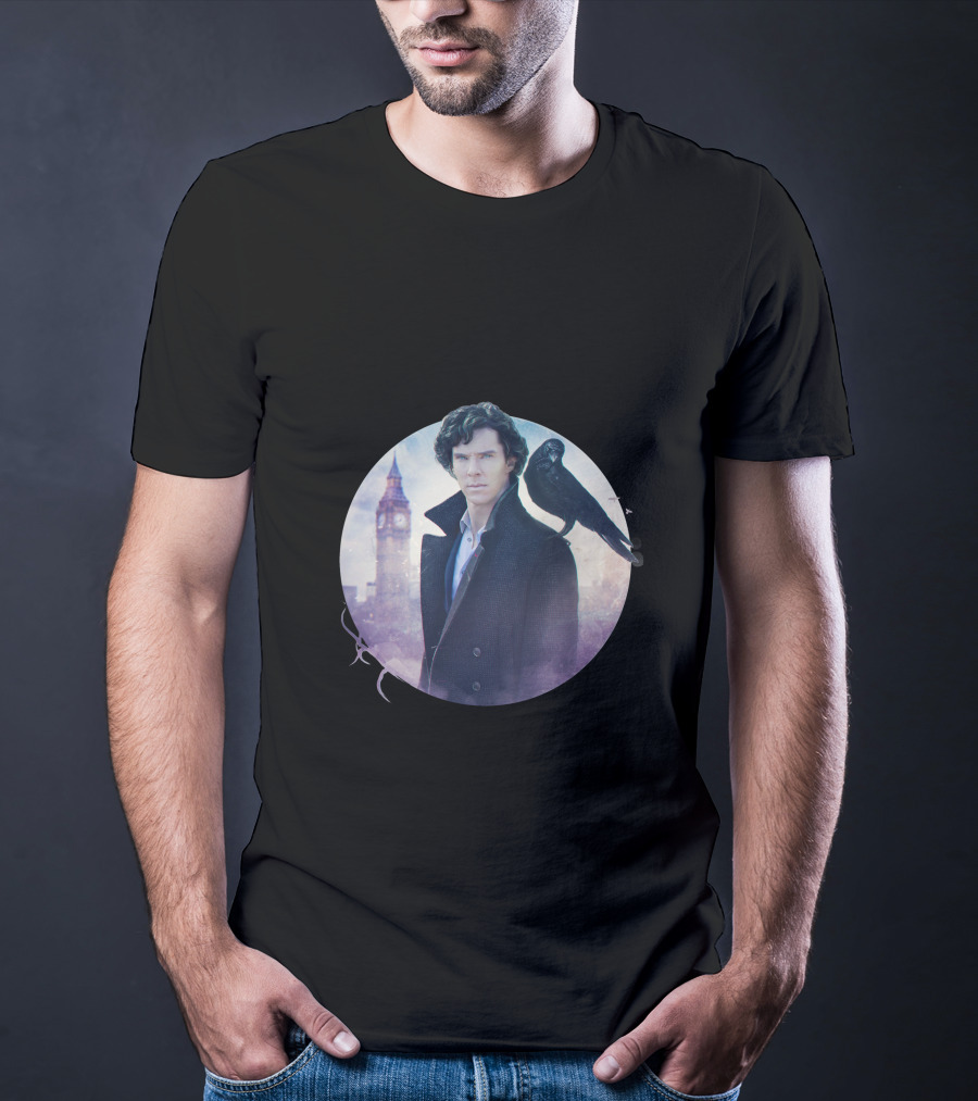 S.H Art Detective Silhouette With Crow And Clock Tower T-Shirt