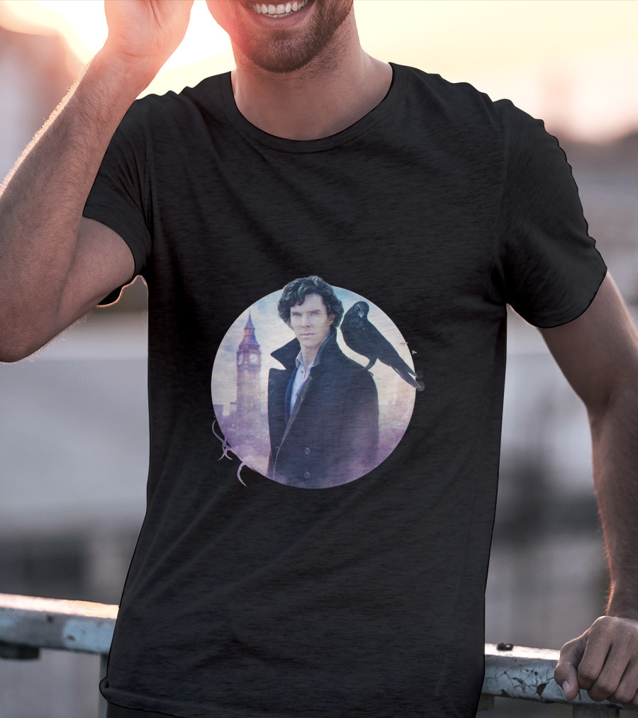 S.H Art Detective Silhouette With Crow And Clock Tower T-Shirt