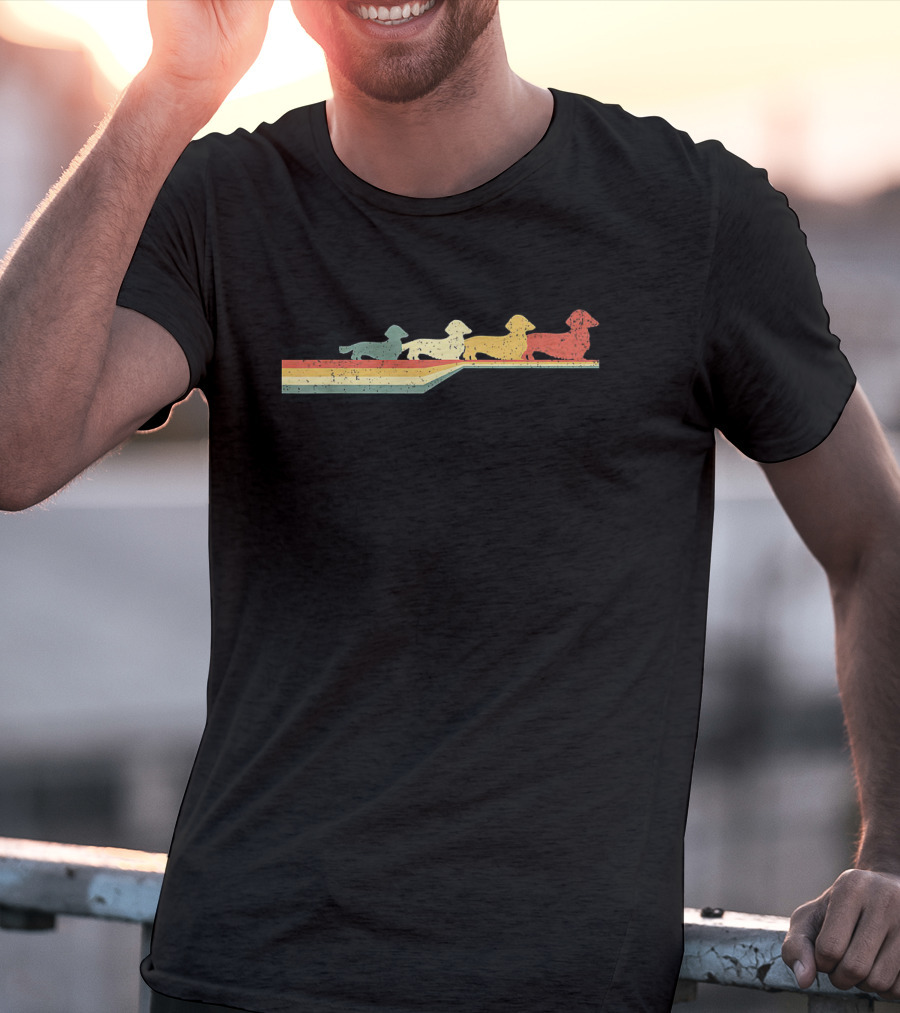 Four Colorful Dachshund Long Hair Silhouettes Retro Vintage 80s T-Shirt