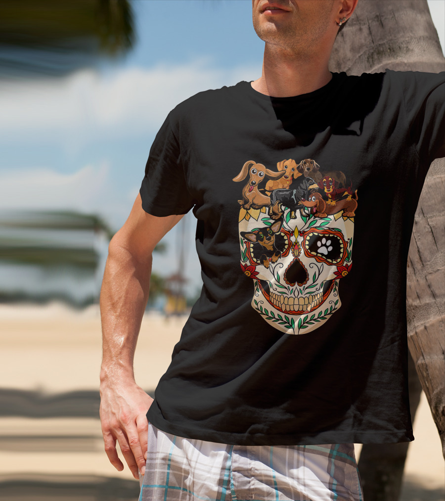Dachshunds Sugar Skull Dog Mom Dad Funny Colorful Day Of The Dead T-Shirt