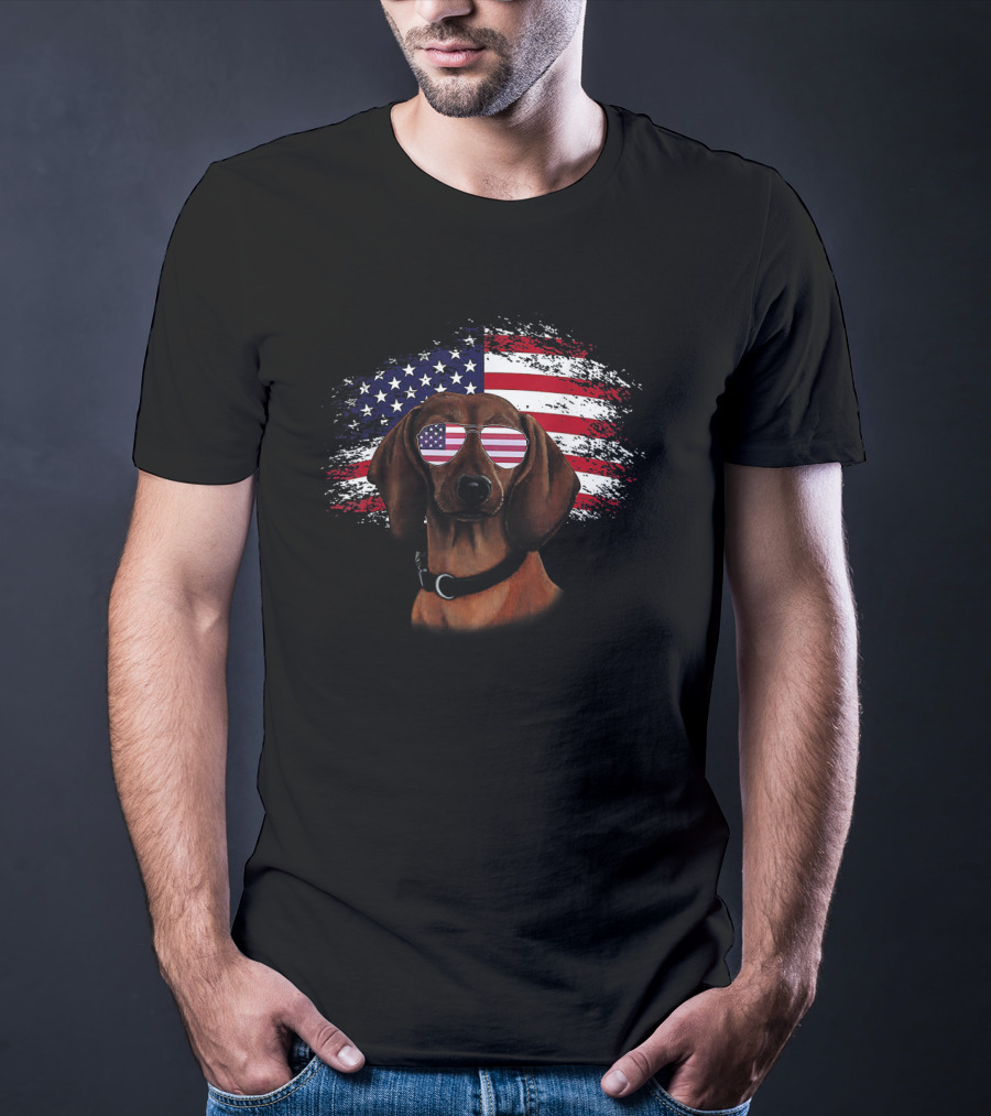 American Flag Dachshund Wearing Patriotic Sunglasses With Flag Background T-Shirt