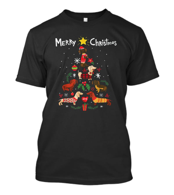 Merry Christmas Funny Dachshund Tree Ornament Decor With Dogs And Presents T-Shirt