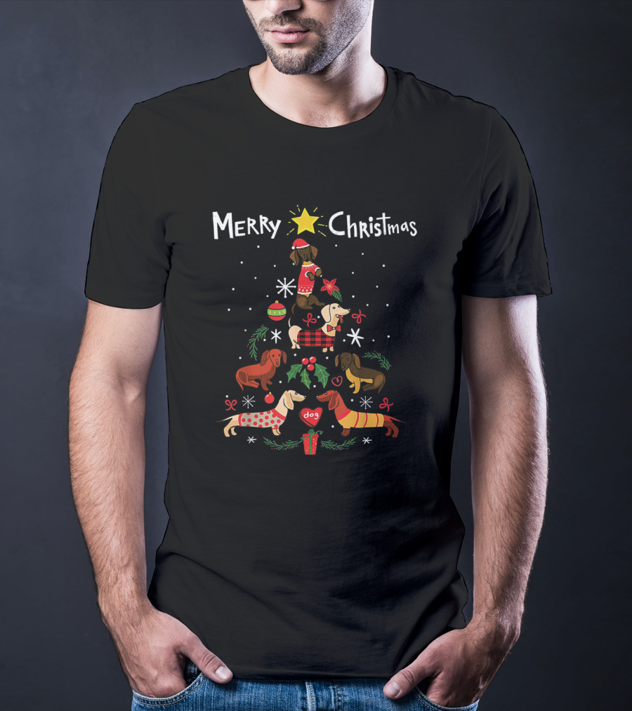 Merry Christmas Funny Dachshund Tree Ornament Decor With Dogs And Presents T-Shirt
