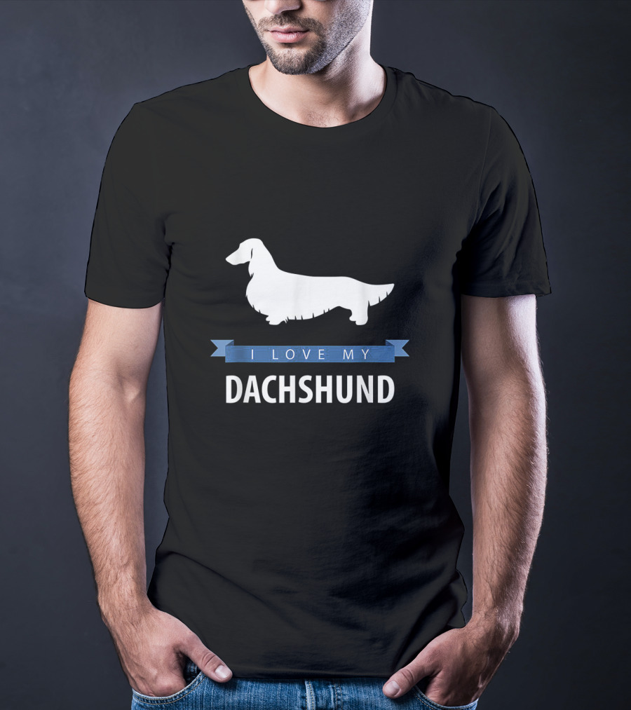 I Love My Longhaired Dachshund Silhouette With Blue Banner T-Shirt