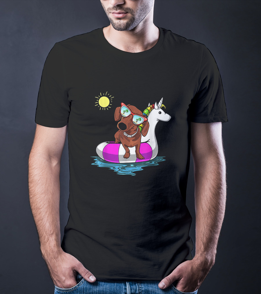 Dachshund On Unicorn Float At Summer Pool Party With Sunglasses And Sun T-Shirt