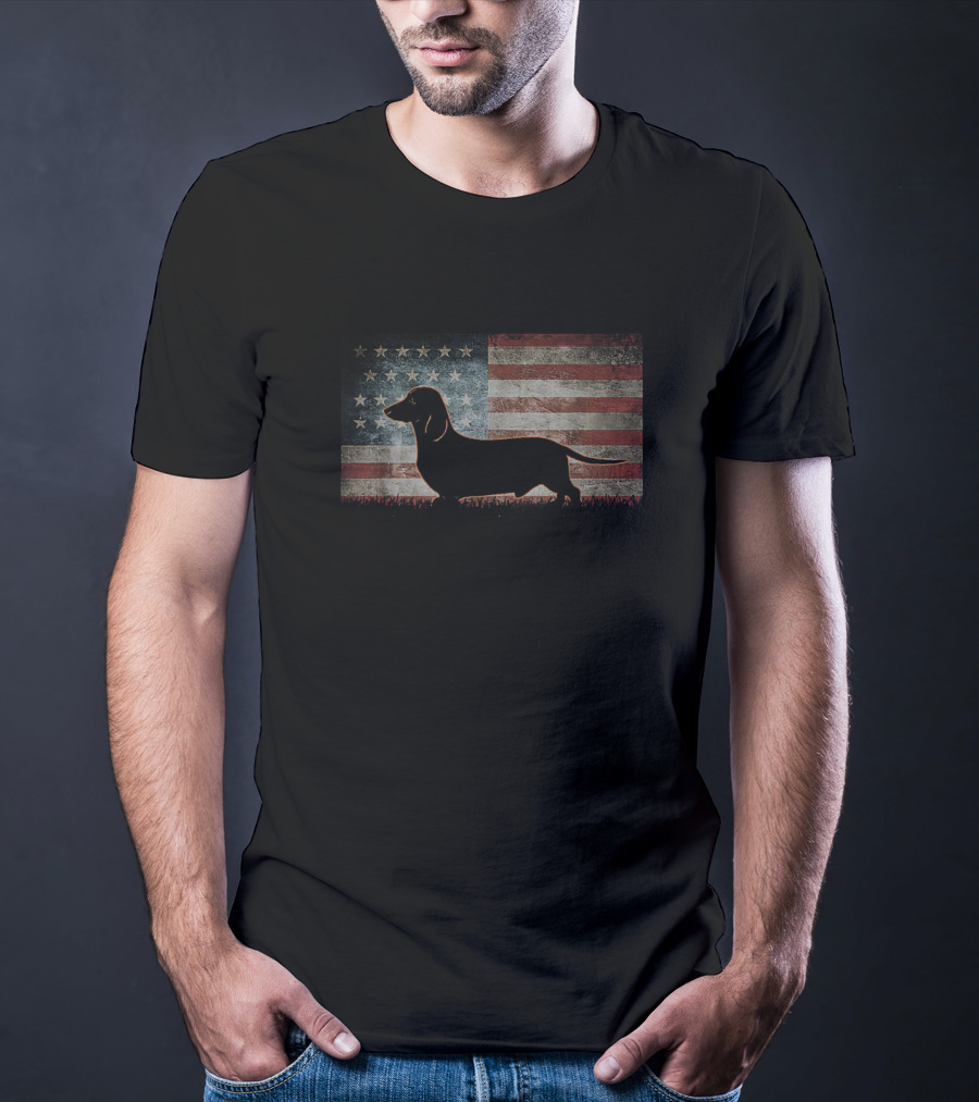 Retro Vintage American Flag Best Dachshund Dog Dad USA Patriotic T-Shirt