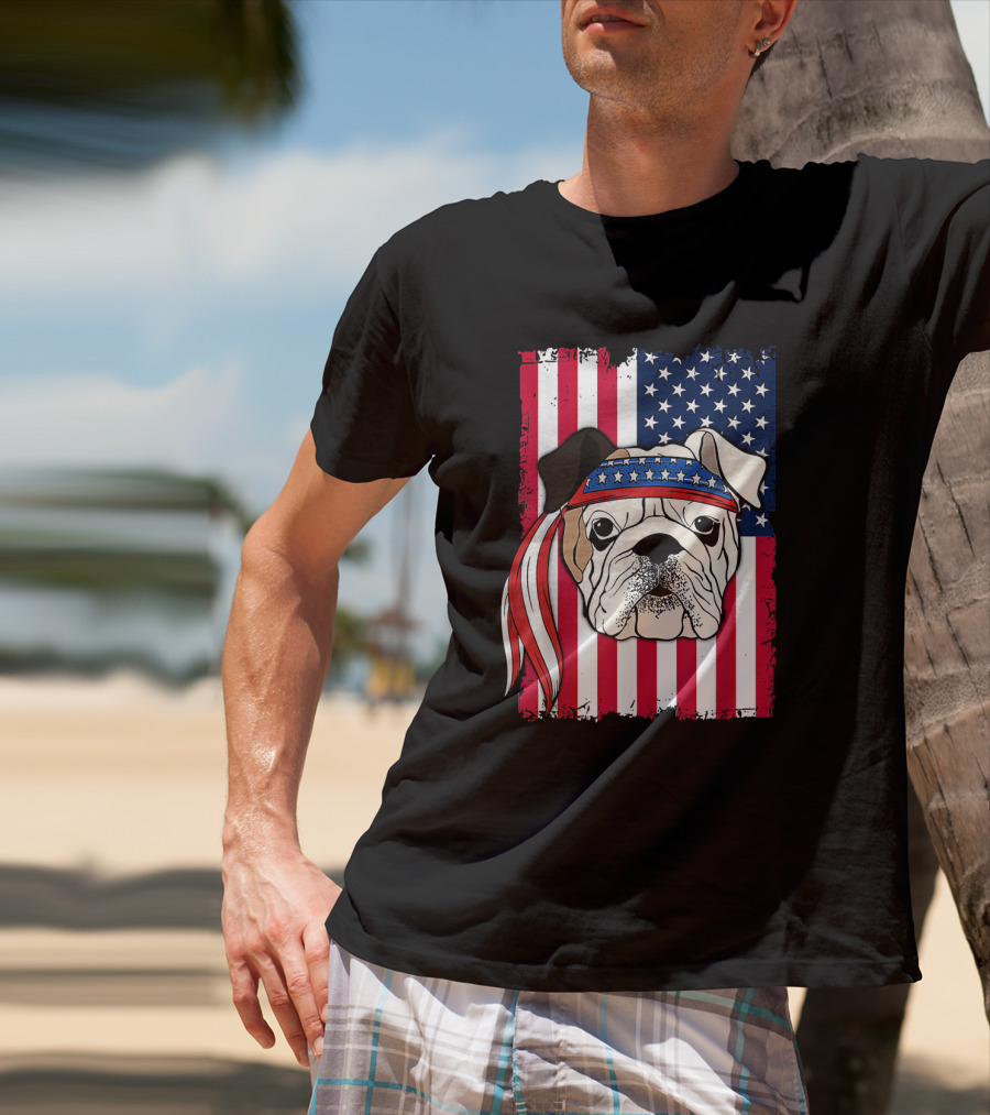 Patriotic Bulldog Wearing Bandana With American Flag Background T-Shirt