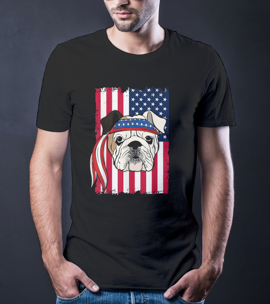Patriotic Bulldog Wearing Bandana With American Flag Background T-Shirt