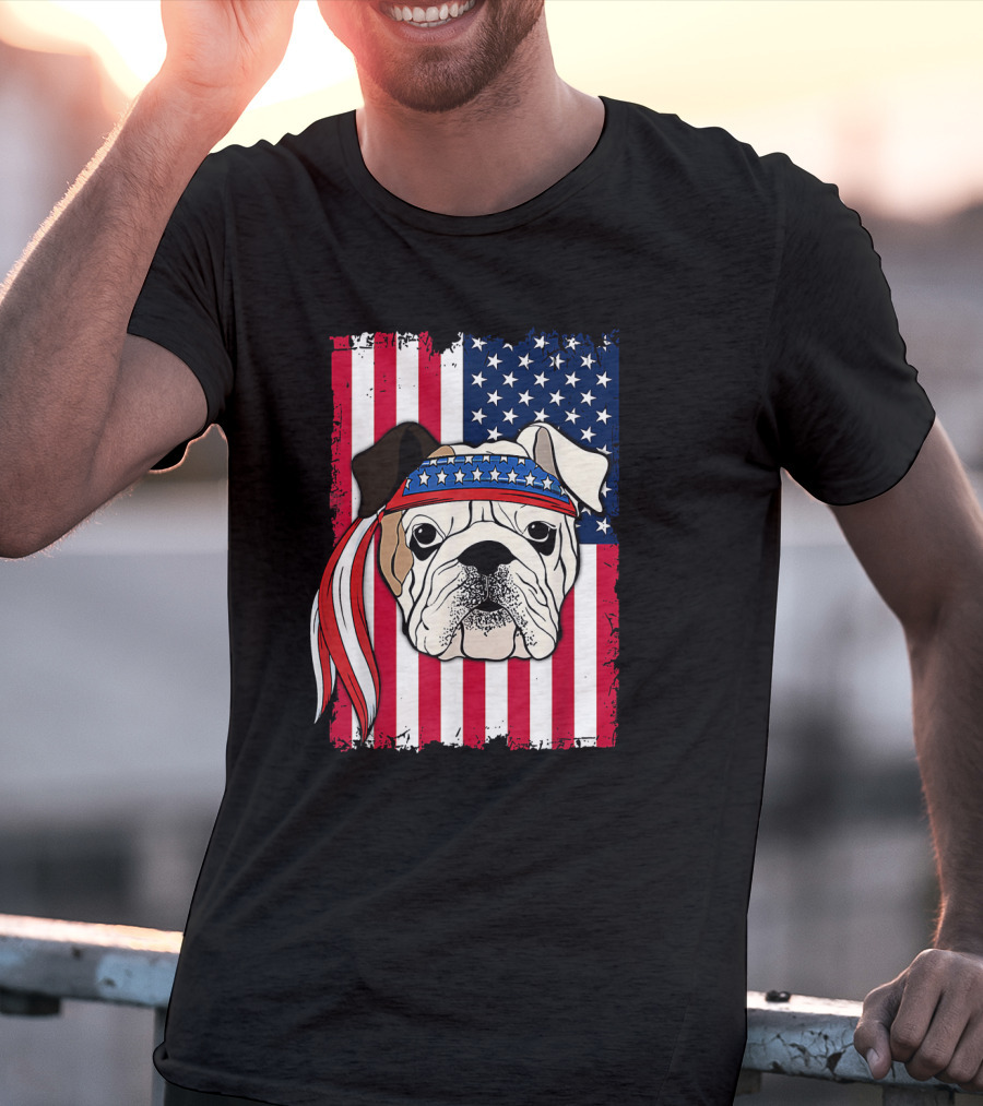 Patriotic Bulldog Wearing Bandana With American Flag Background T-Shirt