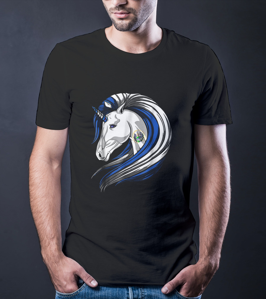 Unicorn With El Salvador Flag Colors And Salvadoran Emblem Mane T-Shirt