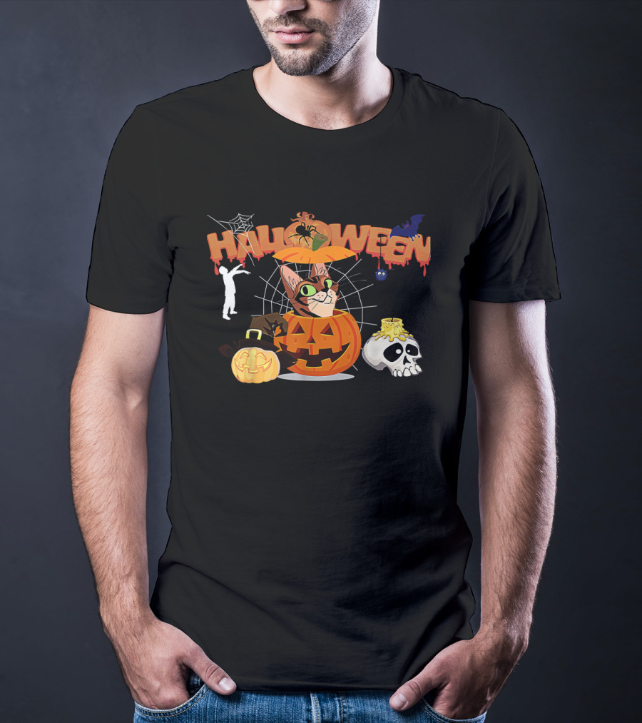 Halloween Bengal Cat Pumpkin Witch Zombie Skull T-Shirt