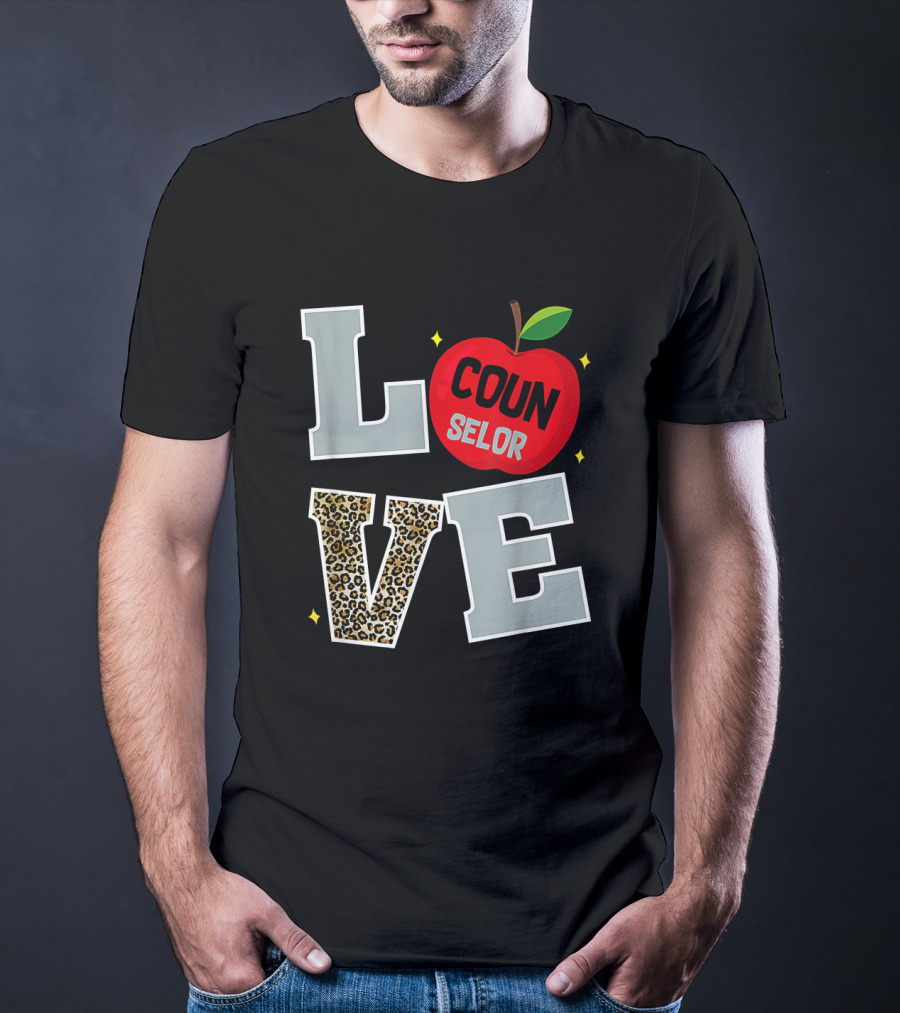 LOVE Counselor Apple Back To School Leopard Print Teacher T-Shirt