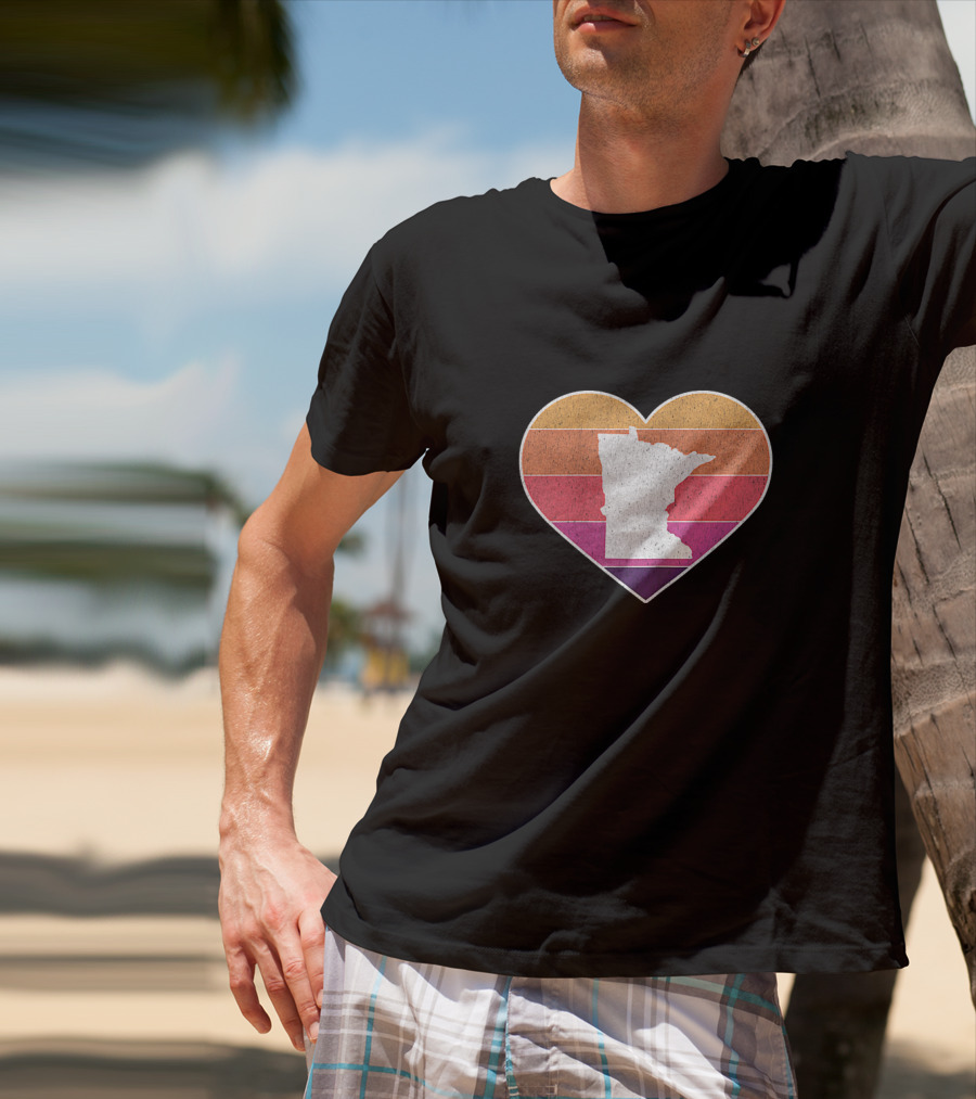 Minnesota Love Heart With State Silhouette On Vintage Stripes T-Shirt