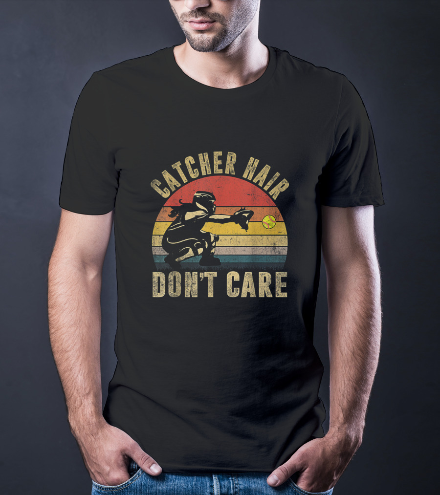 Catcher Hair Don't Care Retro Softball Catcher Girls T-Shirt