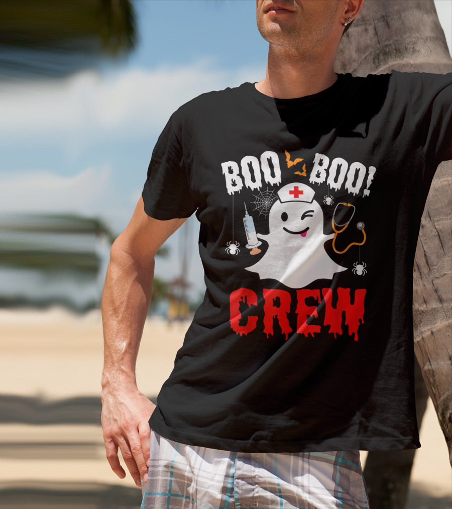 Boo Boo Crew Nurse Ghost Halloween Spiders Bats Stethoscope T-Shirt