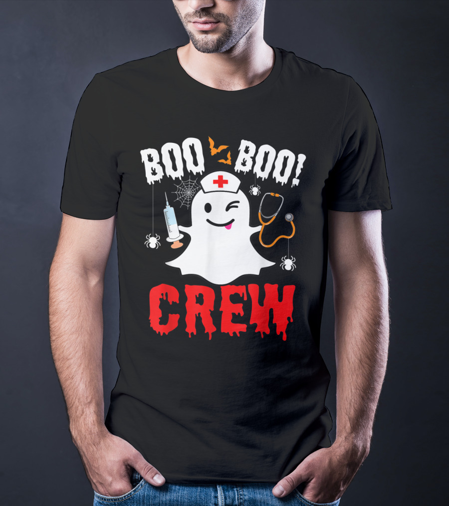 Boo Boo Crew Nurse Ghost Halloween Spiders Bats Stethoscope T-Shirt