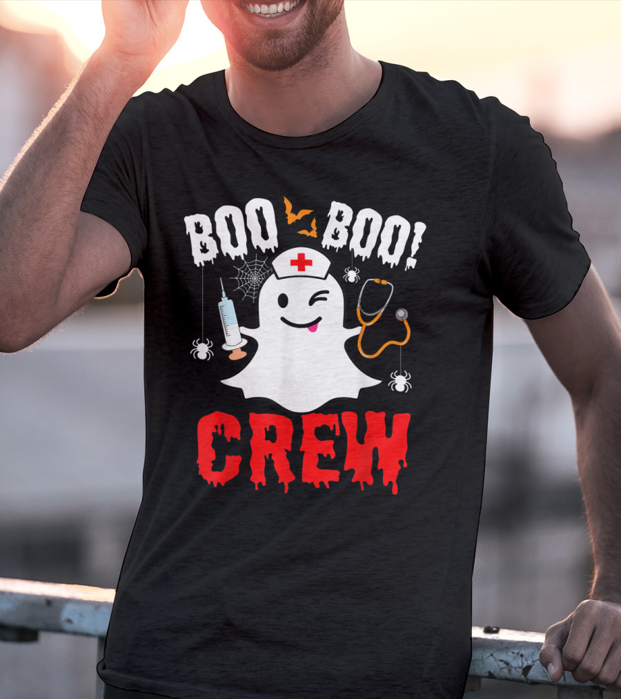 Boo Boo Crew Nurse Ghost Halloween Spiders Bats Stethoscope T-Shirt