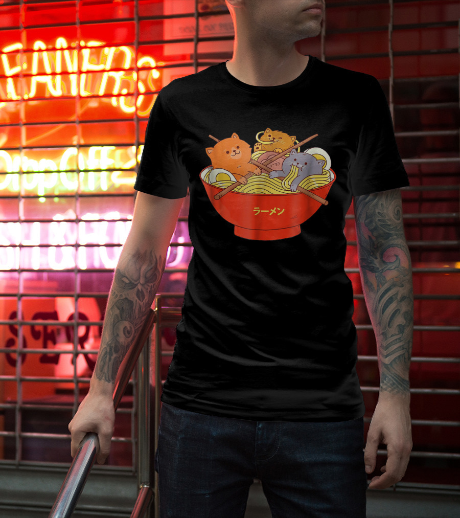 Kawaii Anime Cat Ramen Noodles In Red Bowl With Japanese Text T-Shirt