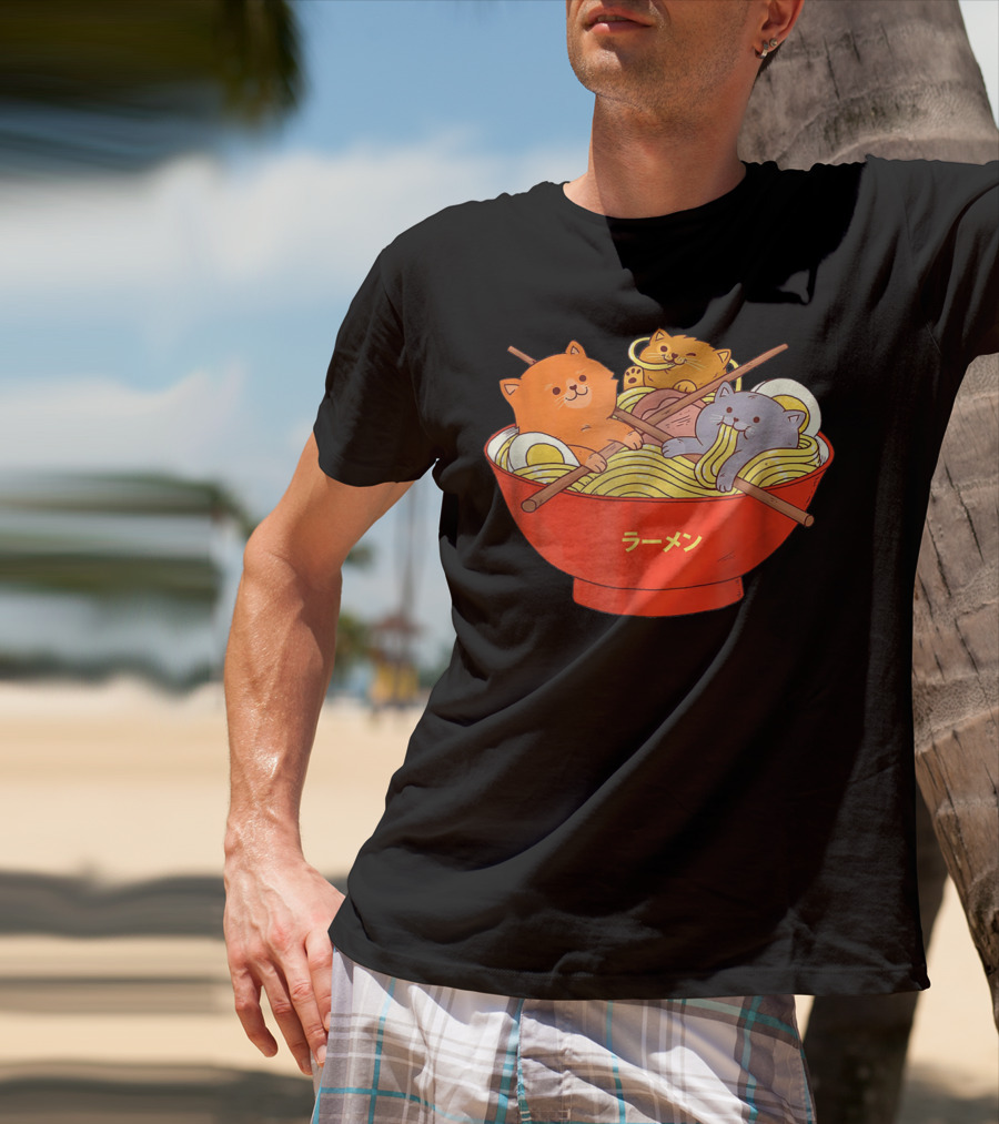 Kawaii Anime Cat Ramen Noodles In Red Bowl With Japanese Text T-Shirt