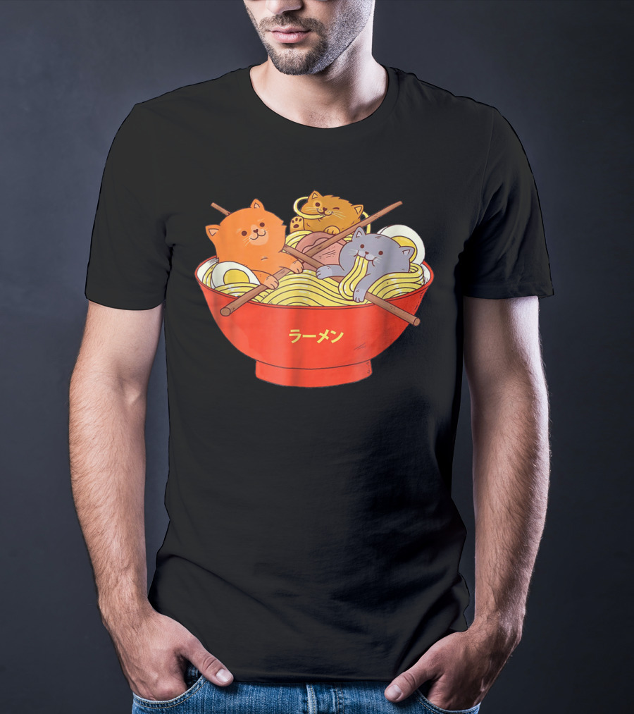 Kawaii Anime Cat Ramen Noodles In Red Bowl With Japanese Text T-Shirt