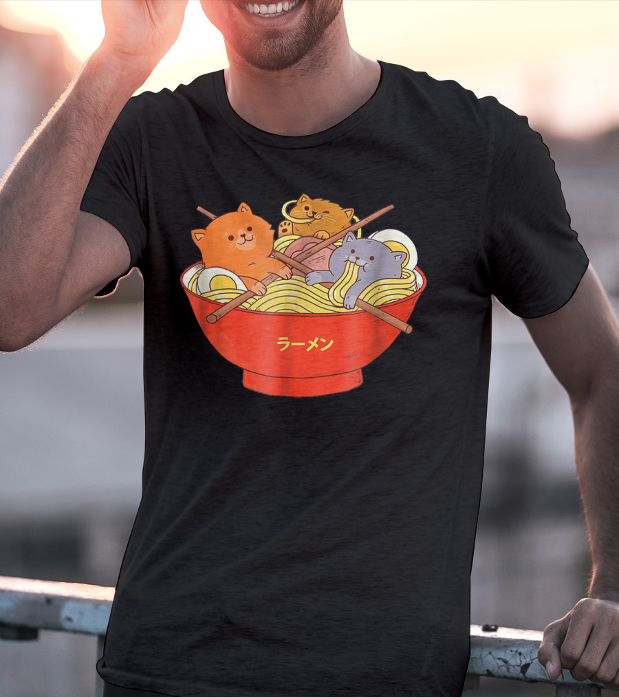 Kawaii Anime Cat Ramen Noodles In Red Bowl With Japanese Text T-Shirt