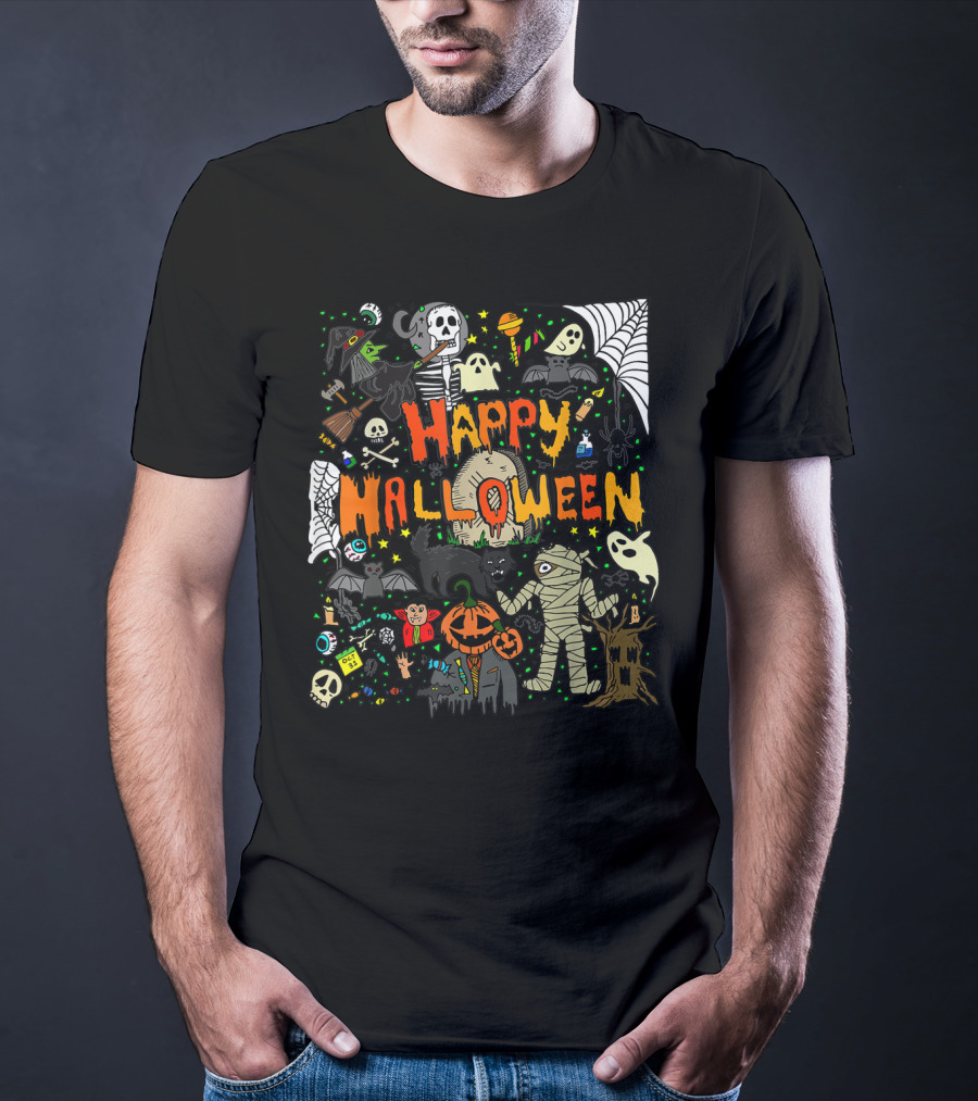 Happy Halloween Scary Mummy Ghost Witch Pumpkin Bat Skull Spiderweb T-Shirt
