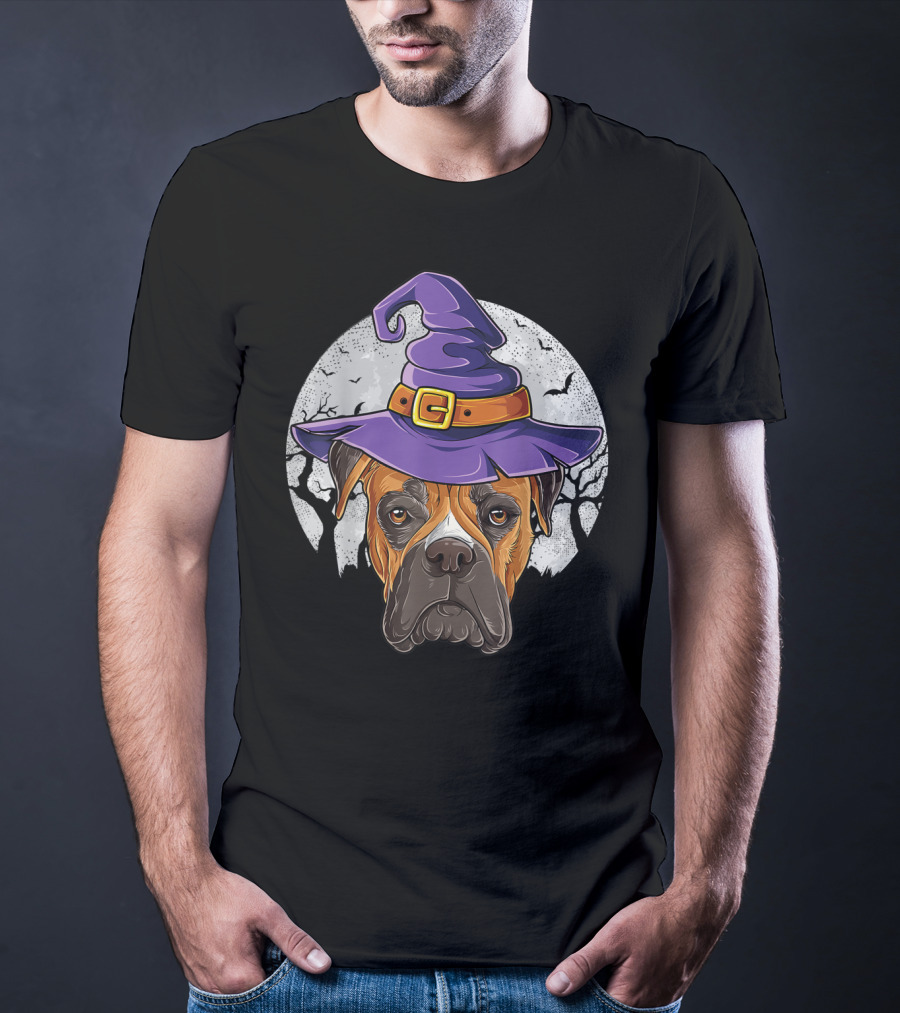Boxer Dog In Purple Witch Hat With Moon And Bats Halloween T-Shirt