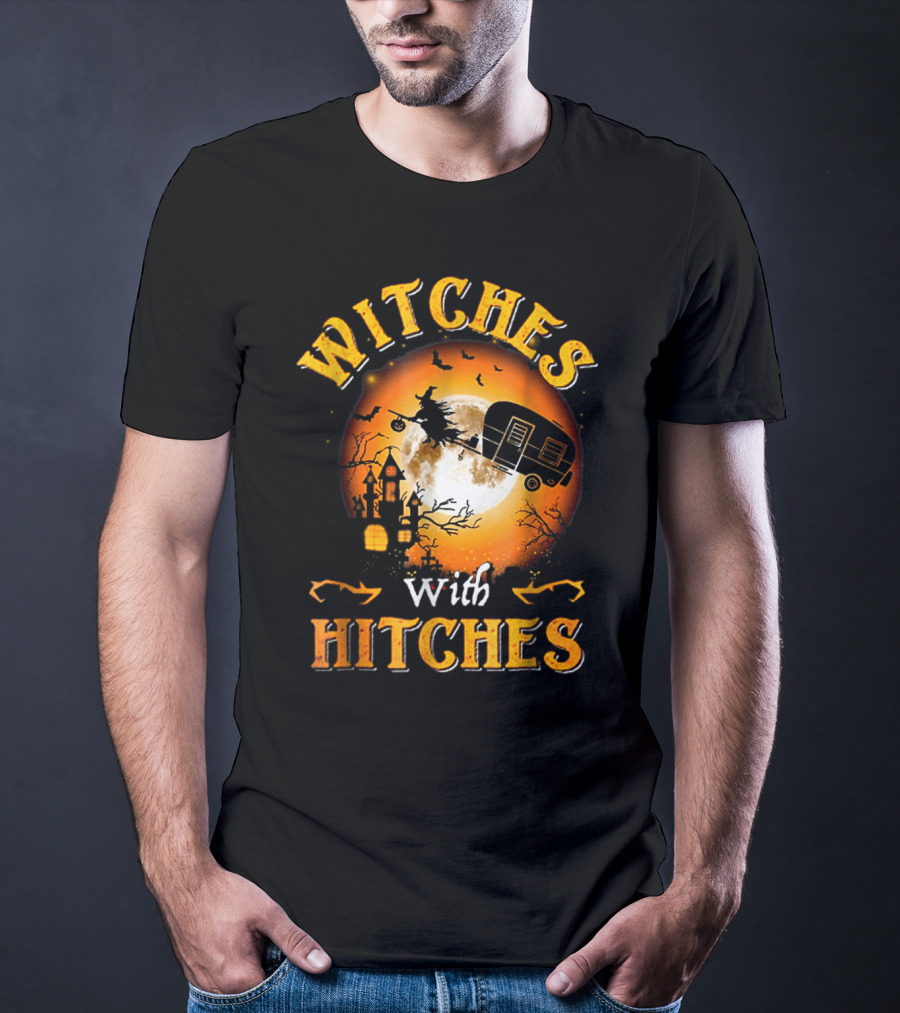 Witches With Hitches Flying Broomstick Full Moon Haunted House T-Shirt
