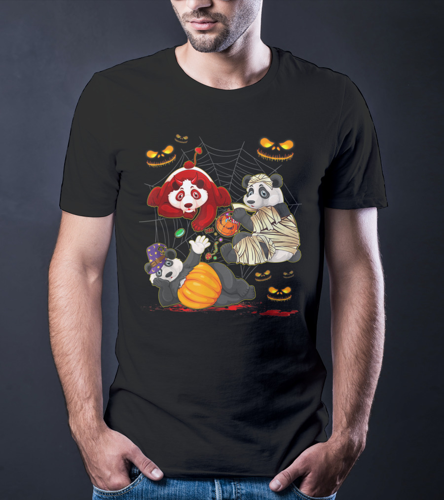 Halloween Panda Trio Mummy Clown Pumpkin Costume With Spider Web And Jack-o'-Lanterns T-Shirt