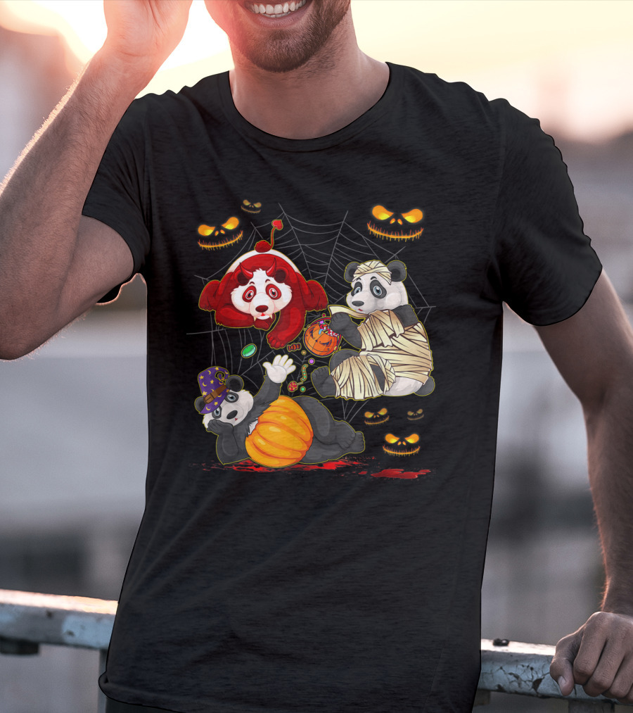 Halloween Panda Trio Mummy Clown Pumpkin Costume With Spider Web And Jack-o'-Lanterns T-Shirt