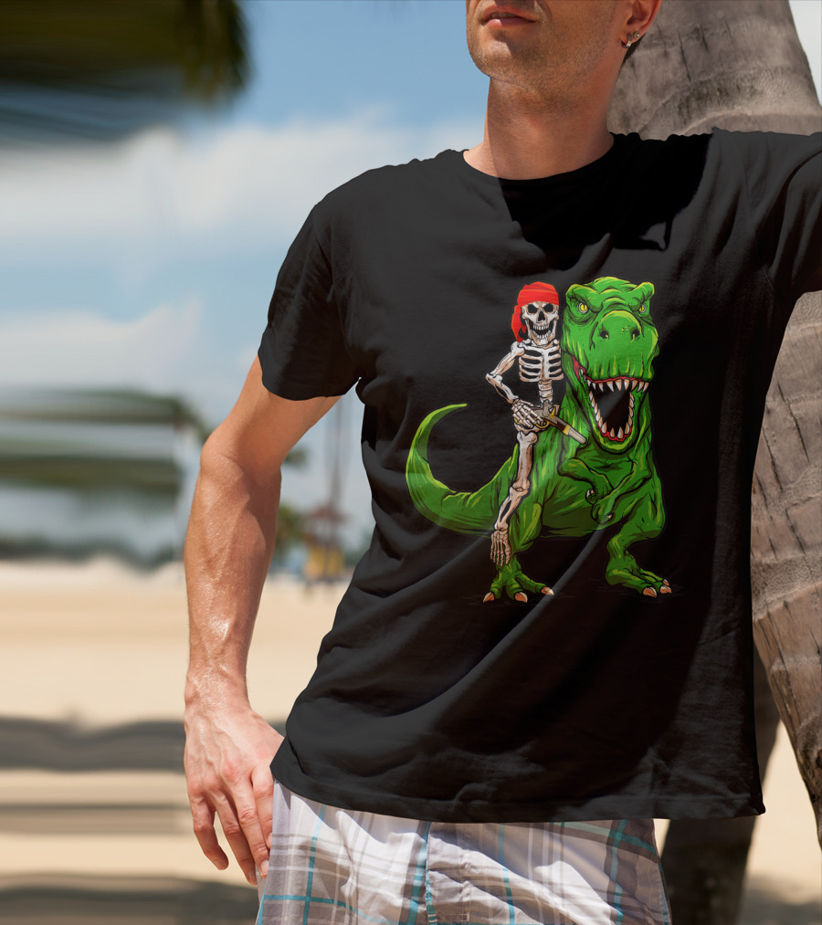 Pirate Skeleton Riding Rex Dinosaur With Red Bandana T-Shirt