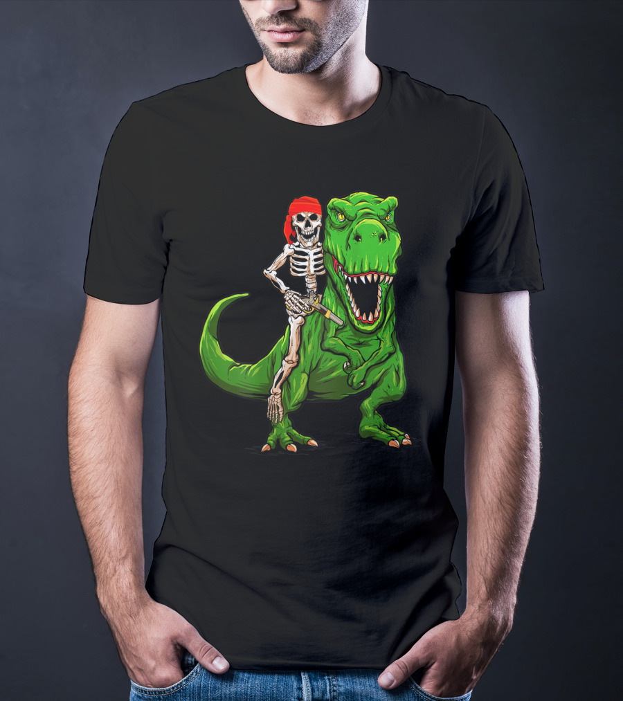 Pirate Skeleton Riding Rex Dinosaur With Red Bandana T-Shirt