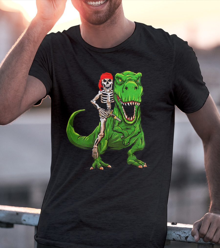 Pirate Skeleton Riding Rex Dinosaur With Red Bandana T-Shirt