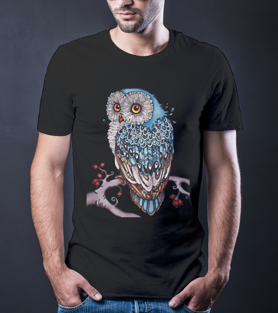 Luminous Blue Owl On Branch With Red Berries - Owl For You T-Shirt