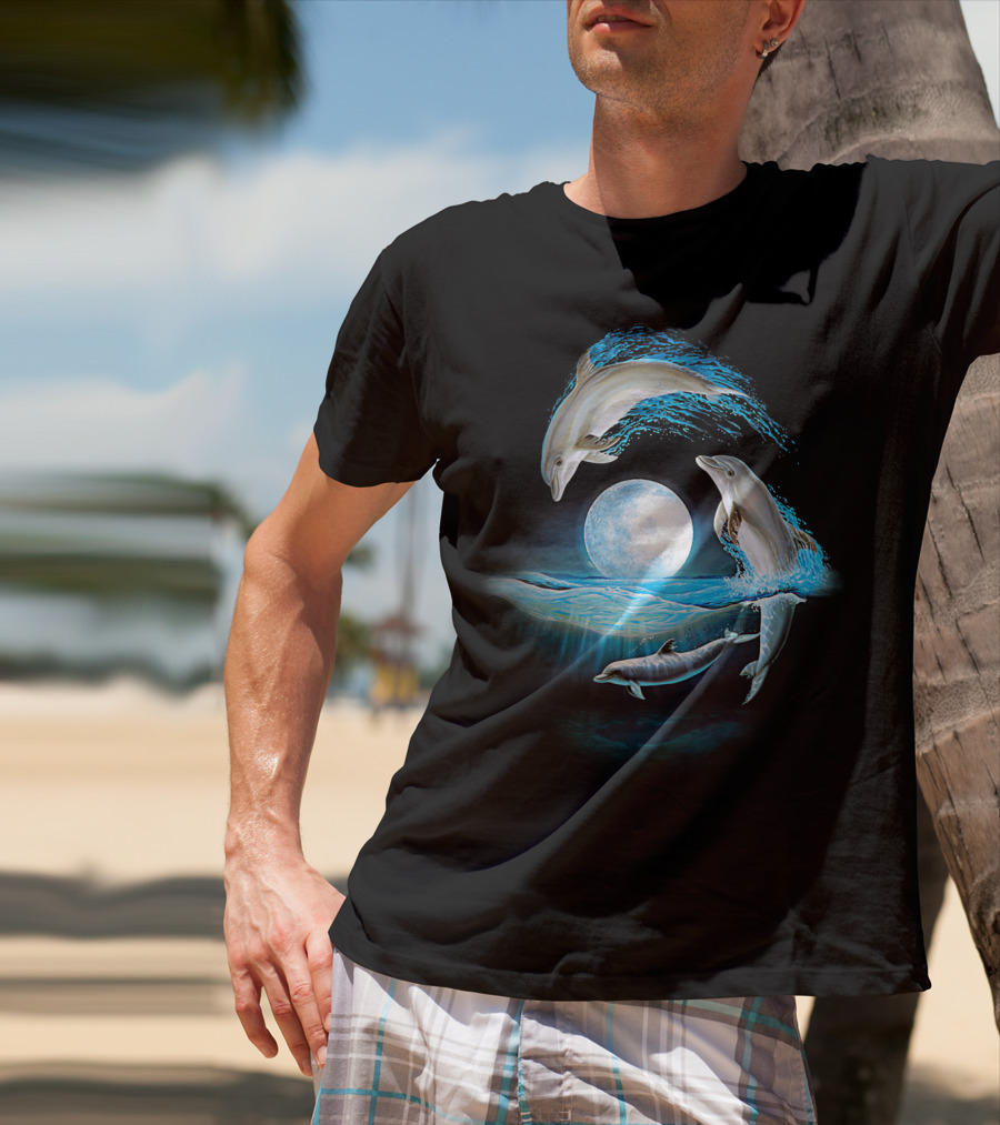 Full Moon Dolphin Leap Ocean Waves T-Shirt