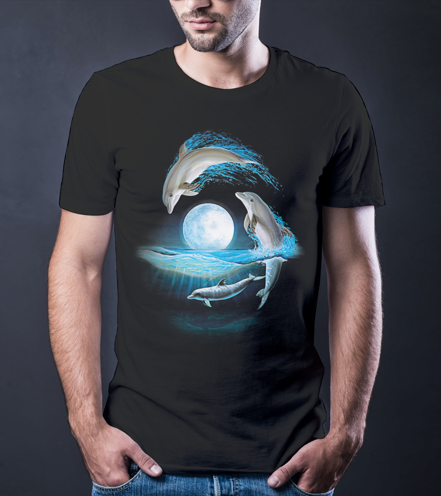 Full Moon Dolphin Leap Ocean Waves T-Shirt