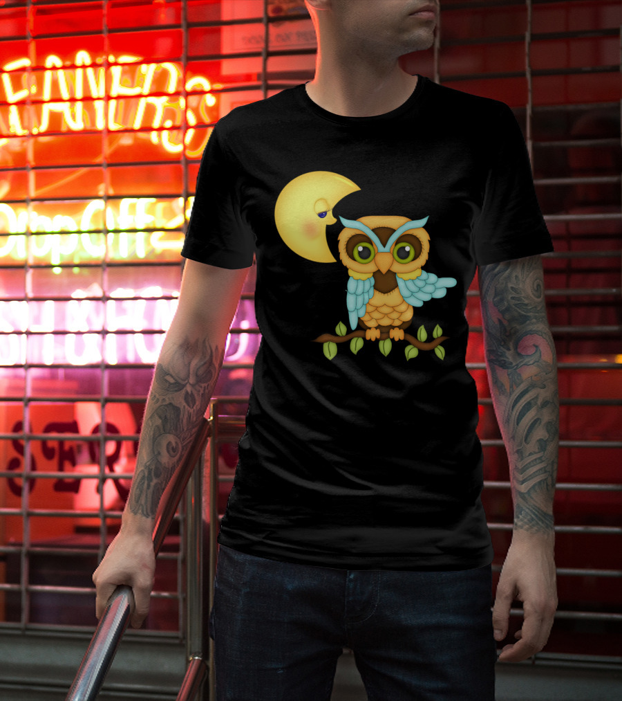 Owl Sitting On Branch With Smiling Crescent Moon T-Shirt