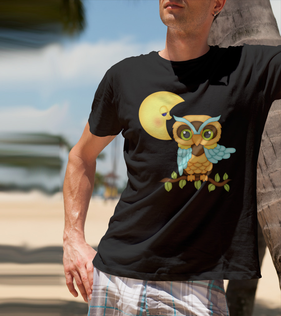 Owl Sitting On Branch With Smiling Crescent Moon T-Shirt