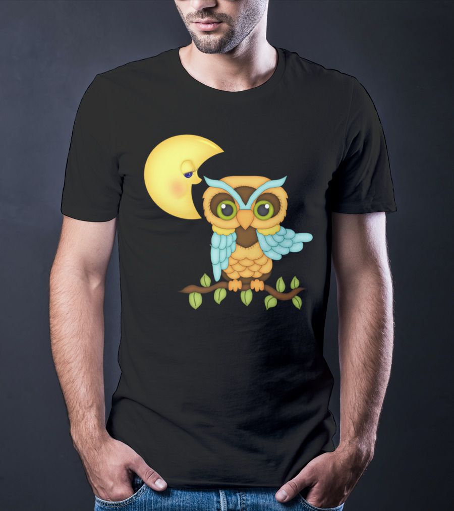 Owl Sitting On Branch With Smiling Crescent Moon T-Shirt
