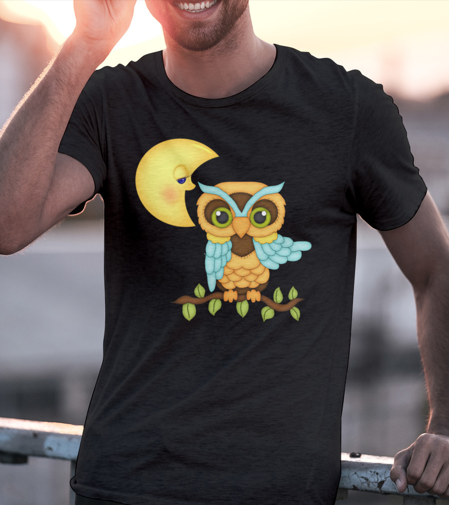 Owl Sitting On Branch With Smiling Crescent Moon T-Shirt