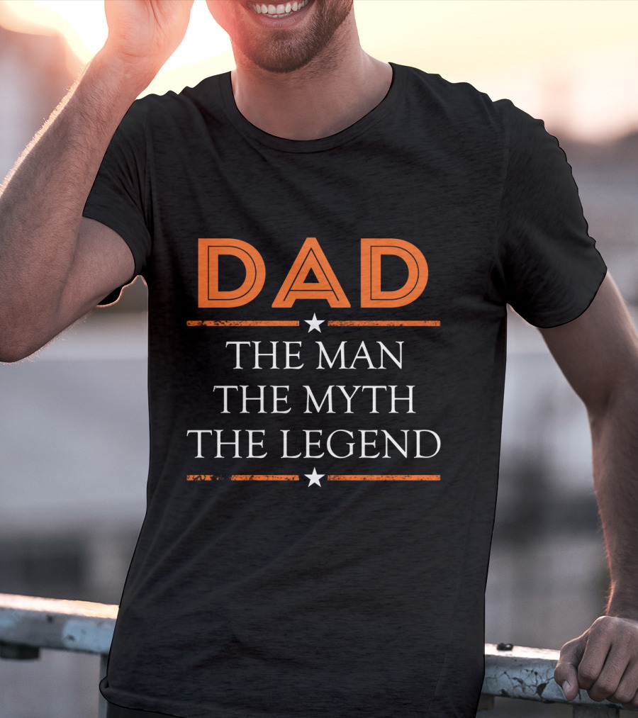 DAD The Man The Myth The Legend Bold Orange And White Star Accents T-Shirt