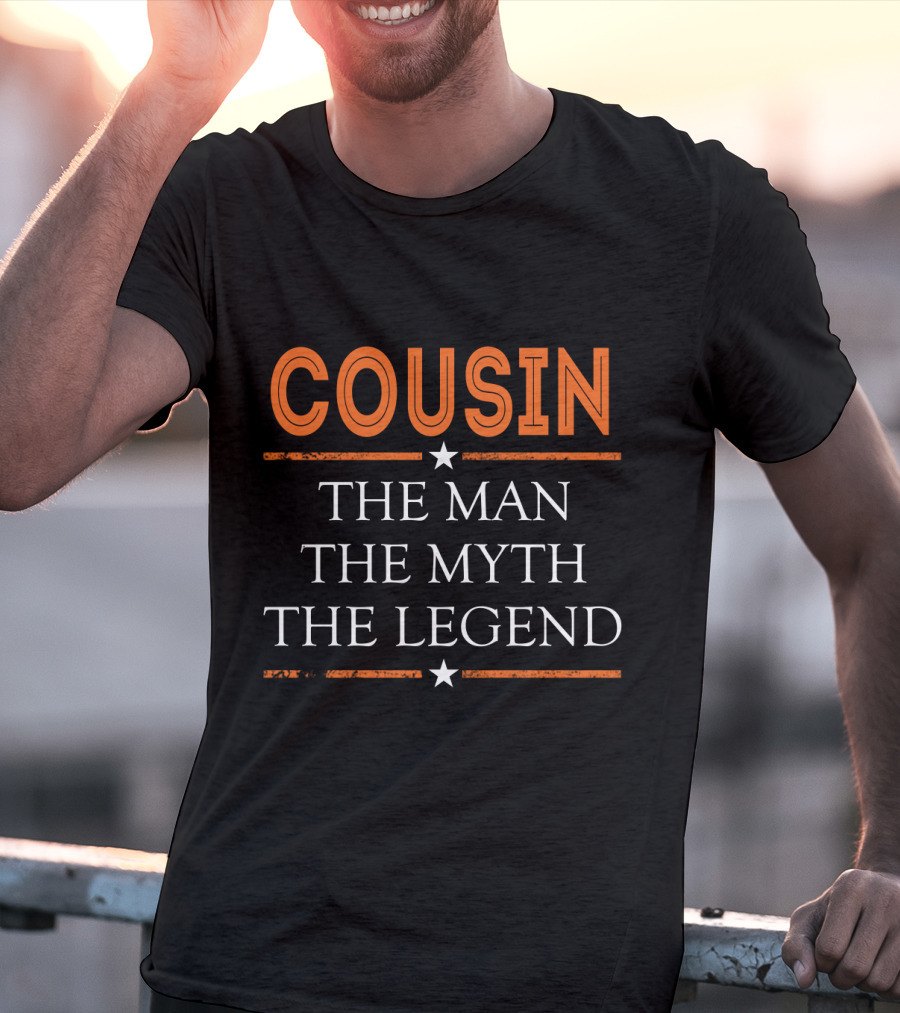 COUSIN THE MAN THE MYTH THE LEGEND Bold Orange White Star Accents T-Shirt