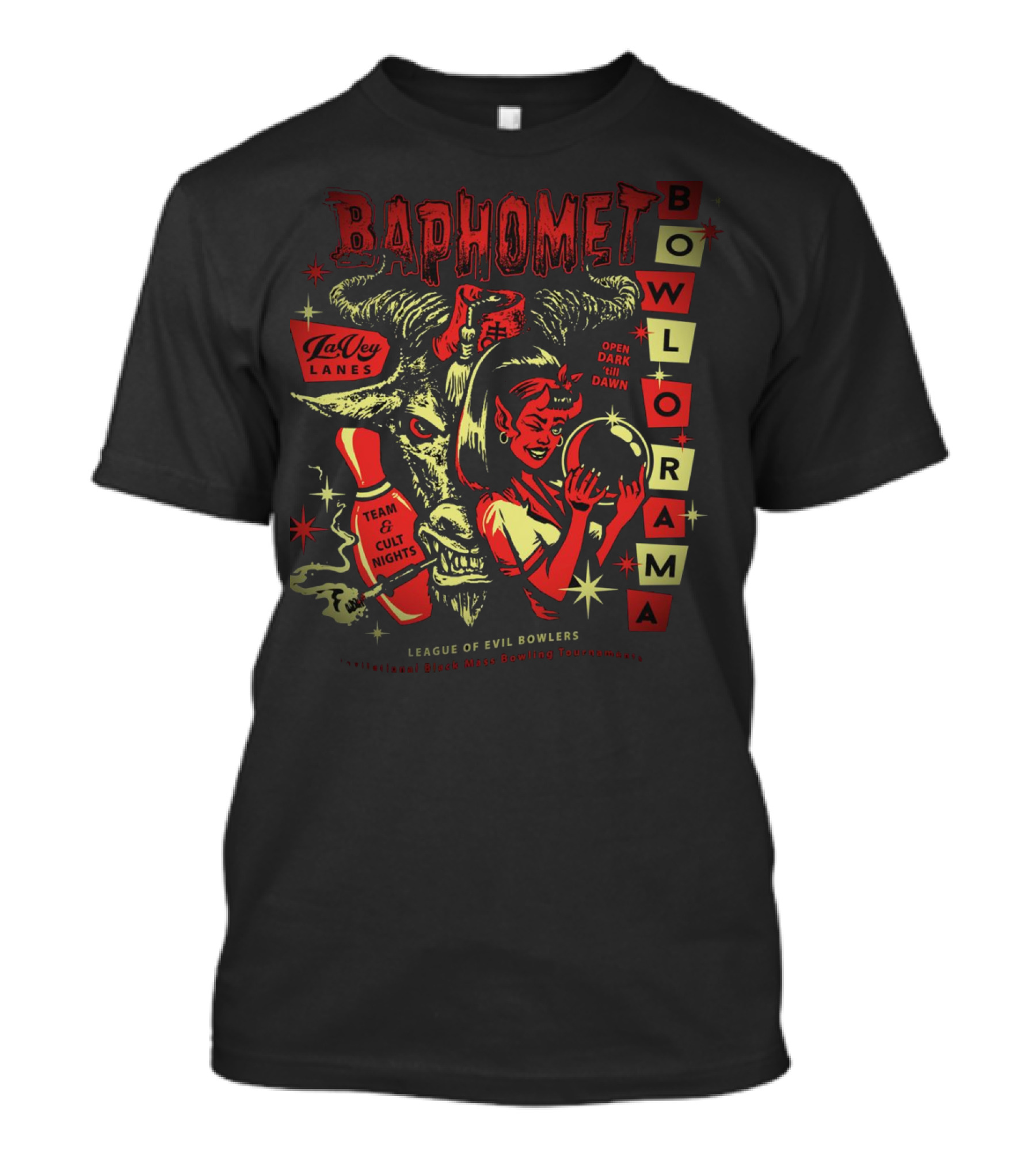 Baphomet Bowlorama LaVey Lanes Team Cult Nights Evil Bowlers All-Night Black Mass Tournament T-Shirt