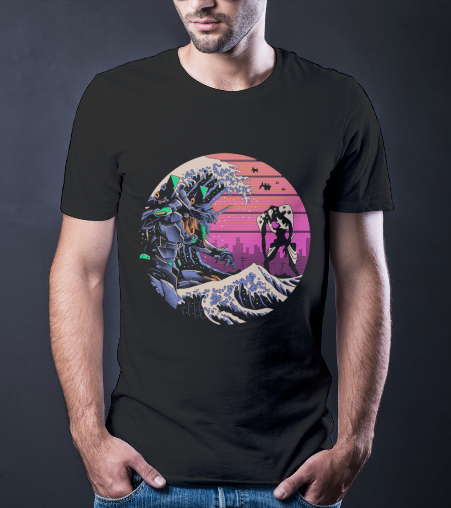 Neon Genesis Evangelion Retro Wave Style Giant Mecha Ocean Scene T-Shirt
