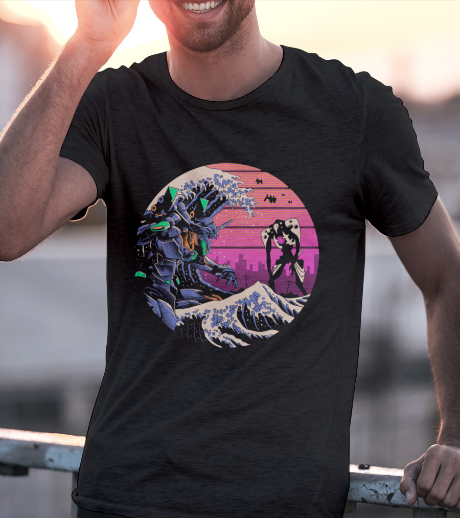 Neon Genesis Evangelion Retro Wave Style Giant Mecha Ocean Scene T-Shirt