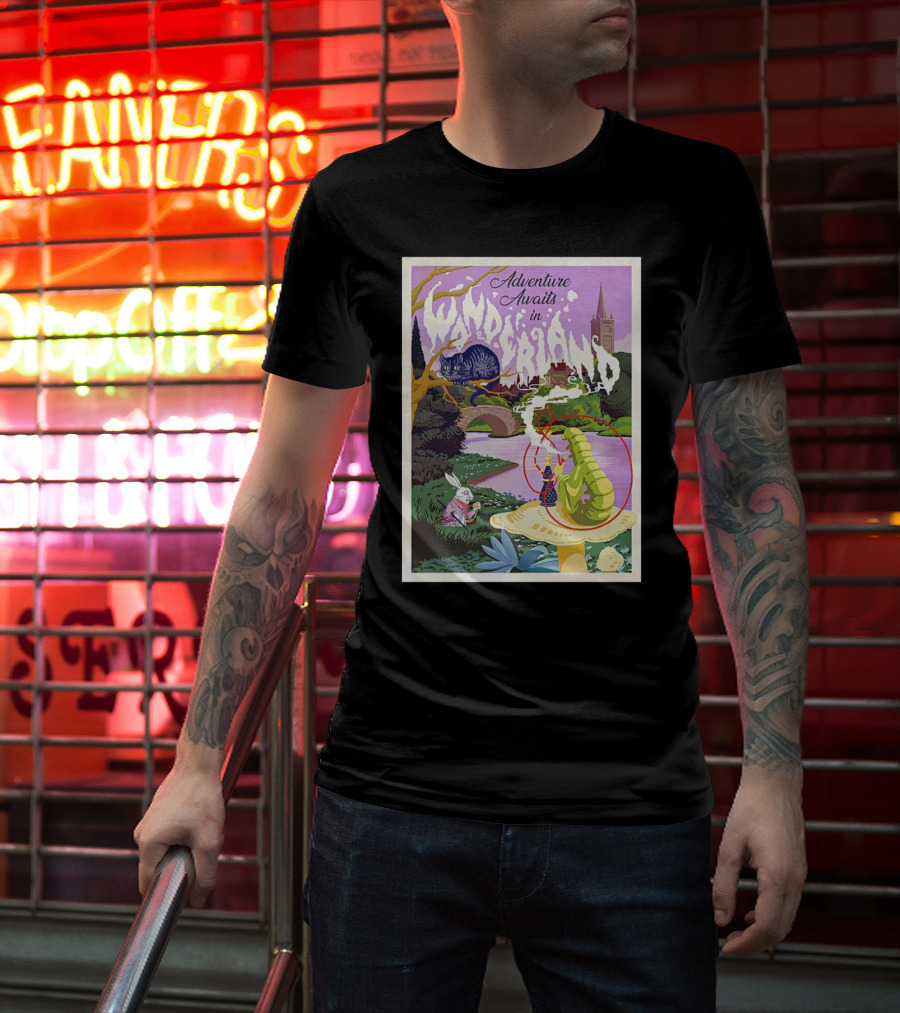 Adventure Awaits In Wonderland Cheshire Cat And Caterpillar Scene T-Shirt