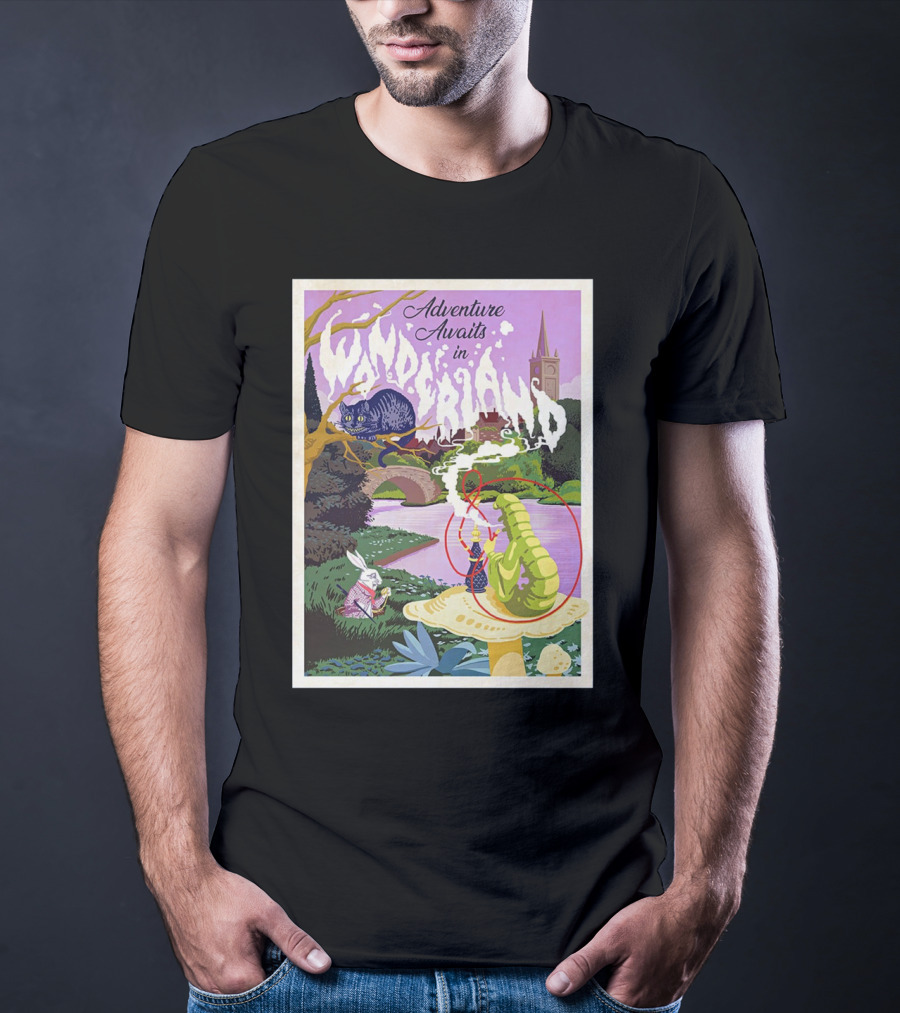 Adventure Awaits In Wonderland Cheshire Cat And Caterpillar Scene T-Shirt